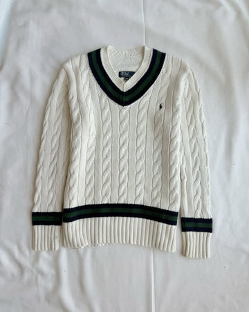 Cremeweißer Strickpullover mit V-Ausschnitt und Streifen
