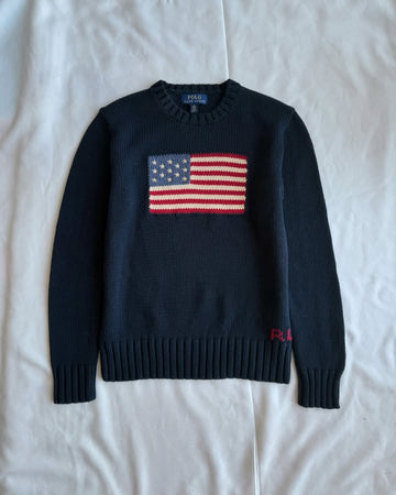 Pull en tricot bleu foncé à col rond avec drapeau des EEUU