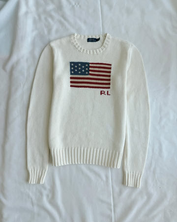 Cream white round neck sweater with EEUU flag