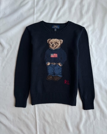 Pull en maille bleu foncé à col rond avec ours