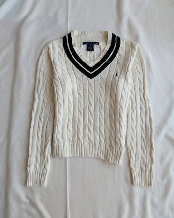 Cream white v-neck knit sweater with black stripes