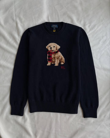 Black round neck knit sweater with dog