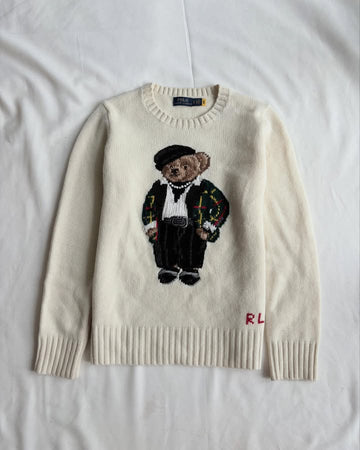 Cream white round neck sweater with bear