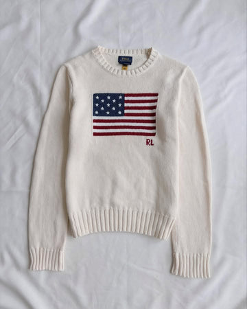 Cream white round neck sweater with EEUU flag