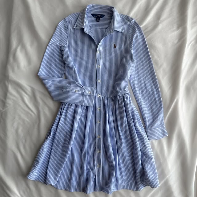 Blue and white striped long sleeved dress