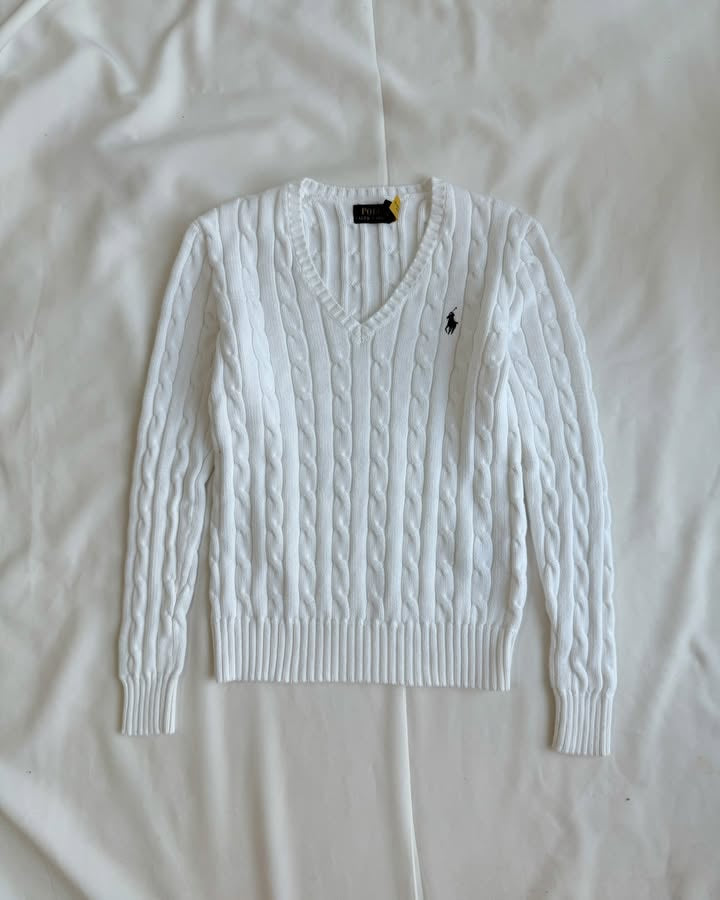 White v-neck knit sweater