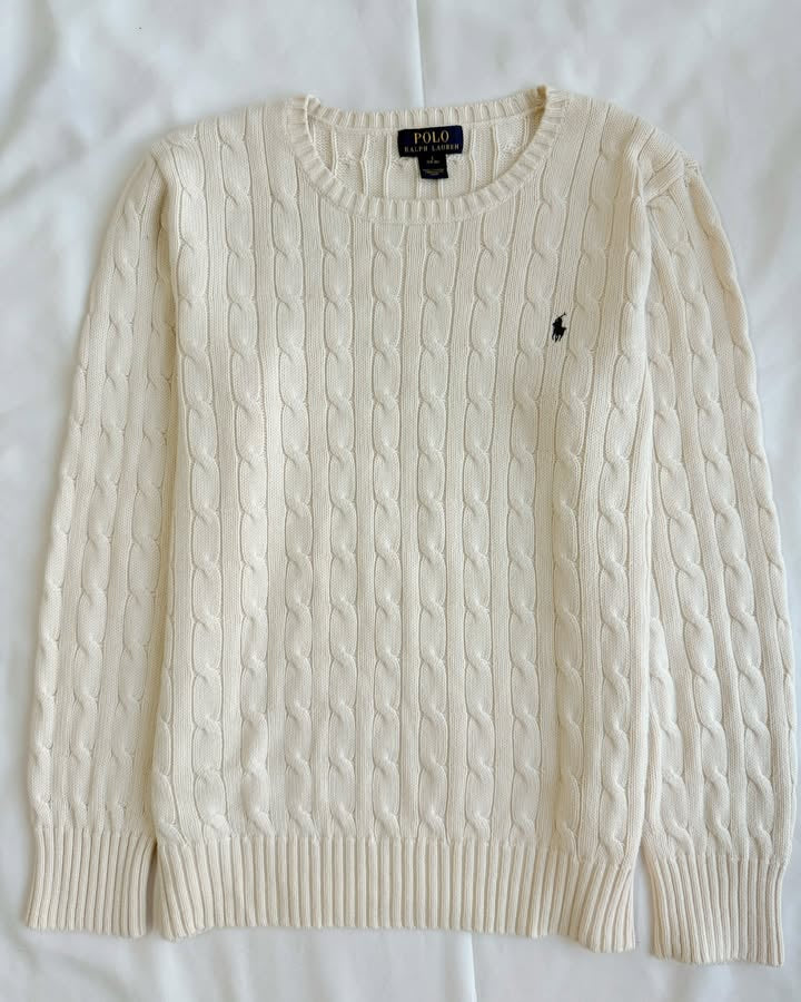 Cream white round neck knit sweater