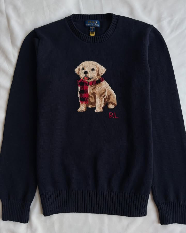 Black round neck knit sweater with dog
