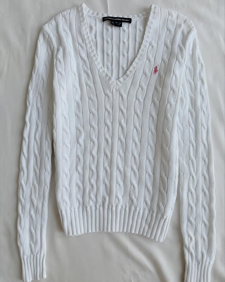 White v-neck knit sweater