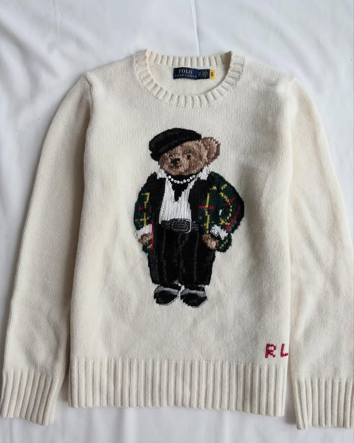 Cream white round neck sweater with bear