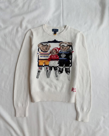 Cream white round neck sweater with bears