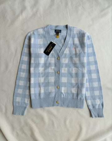 Blau-weiß karierte Strickjacke
